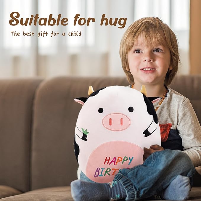 14.5" Birthday Cow Plush Pillow Black Cow Stuffed Animal Cute Soft Body Pillow Happy Birthday Decoration Gifts for Kids Girls and Boys