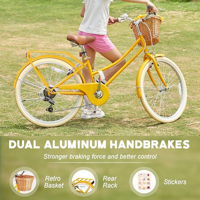 Glerc 20 24 26 Inch Beach Cruiser Bike, 6-Speed Hybrid City Bicycle for Girls Youth and Over 6 Years Old, Missy Bike with Wicker Basket & Lightweight, Multiple Colors