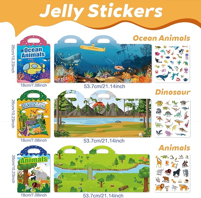 6 Sets Reusable Sticker Books for Toddlers 2-4 Years, Jelly Sticker Activity Books for Kids, Travel Toys for Toddlers Ages 2+ Girls & Boys