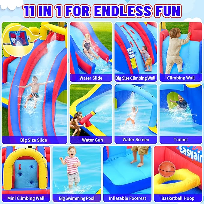 Inflatable Water Slide for Kids with 650W Blower, 2 Climbing Walls, 2 Slides, 2 Splash Pool, Basketball Hoop, Water Gun, 216 x 194 Inch Blow Up Water Slides for Backyard Blue