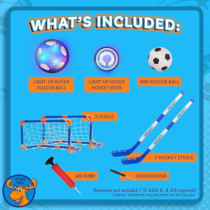 Let Loose Moose Hockey & Hover Soccer Ball Indoor 3-in-1 Set for Kids Aged 4-6, 6-8, 8-12 - Indoor Hockey and Soccer Toys Game Set for Boys and Girls