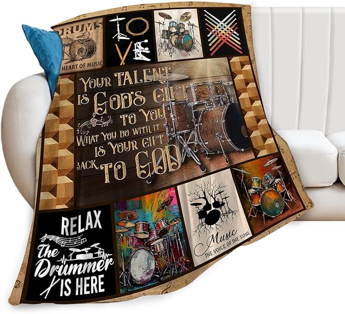 Rock Music Blanket Ultra Soft Cozy Drum Set Kit Throw Blanket Fleece Fuzzy Plush Bedding Vintage Musical Instrument Lovers Gifts for Women Girls Kids Adults 60"x50"