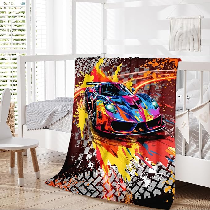 Racing Blanket Kids Blankets for Boys 1-3 Gift for Son Grandson, Cozy 40 x 30 Inches Car Flannel Throws for Bed Living Room Garden Camping