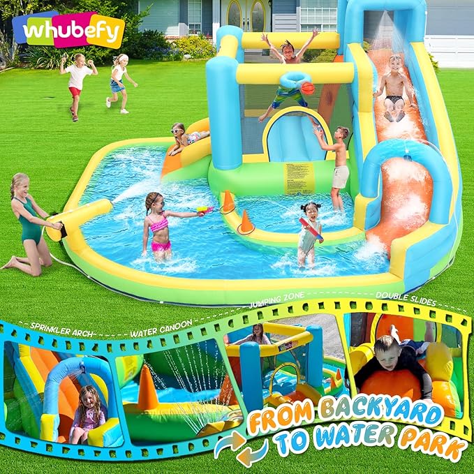 Whubefy Inflatable Water Slide Bounce House for Kids Backyard Blow Up Water Park with Dual Slides & Double Splash Pools, Ring Toss & Water Cannon, Arch & Overhead Sprinkler for Indoor Outdoor Play