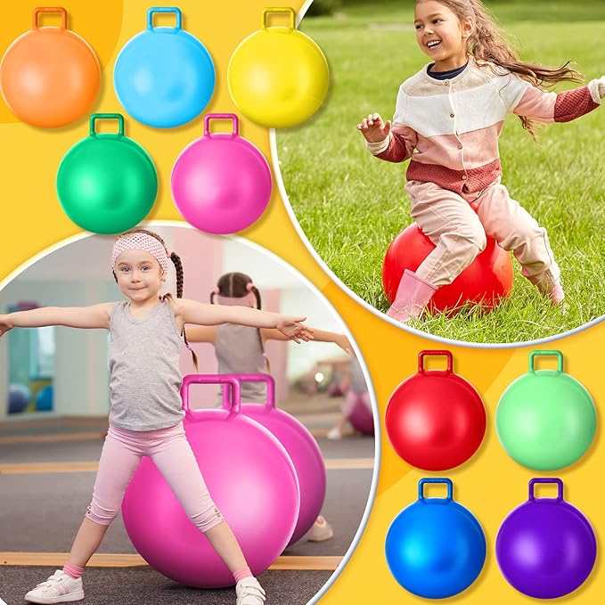 Meooeck 9 Pcs Hopper Ball Carnival Outdoor Game 22 Inch Jumping Hopping Outdoor Bouncy Ball with Handles and Air Pump for Sports School Games Exercise(Multicolor)