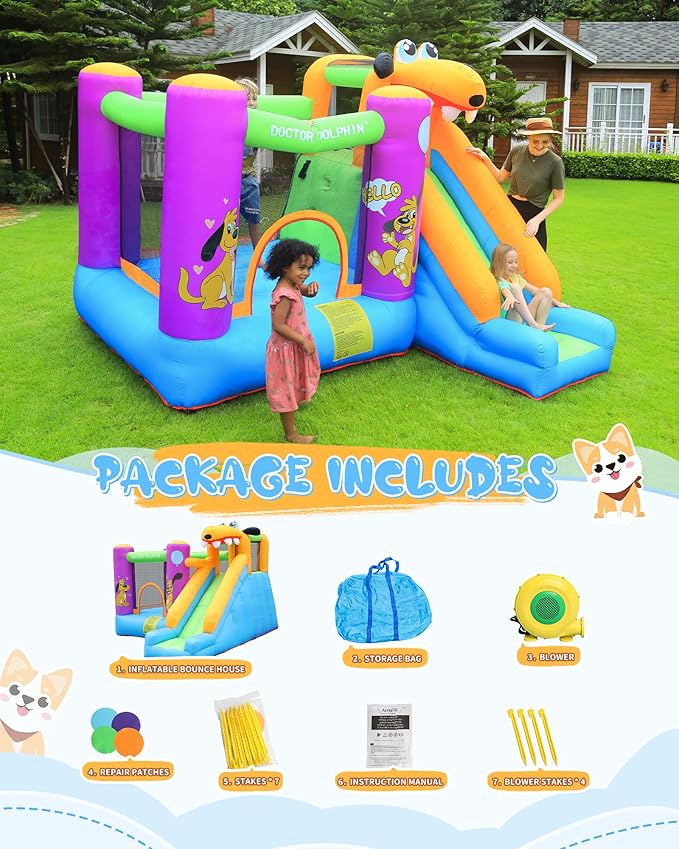 Doctor Dolphin Bounce House Slide with Blower Bounce House for Kids 5-12 Bounce House for Kids, Jumping Bouncy Castle with Puppy Slide Outdoor, Inflatable Bouncer with Blower