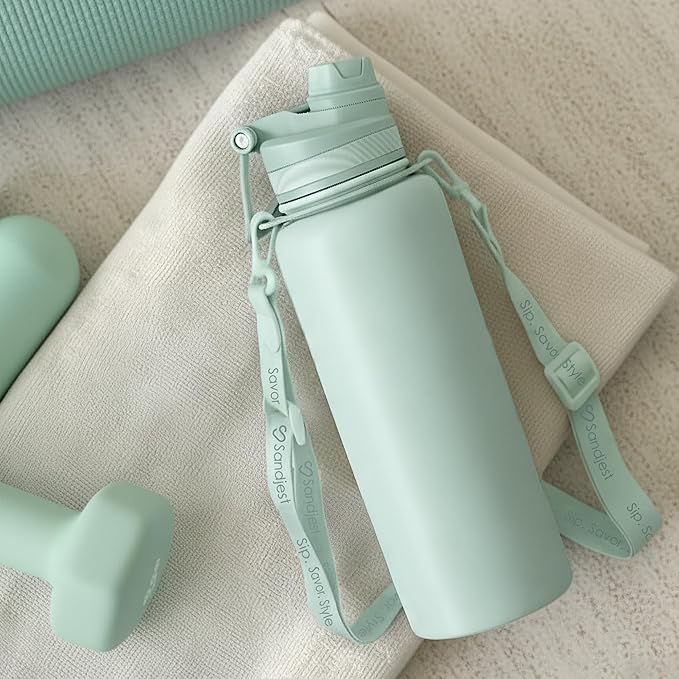 SANDJEST Stainless Steel Water Bottle with Strap 32oz, Insulated Bottles with Straw and Spout Lid for Gym Sports Travel Outdoor, Gifts for Women Girls Birthday Christmas (Green)