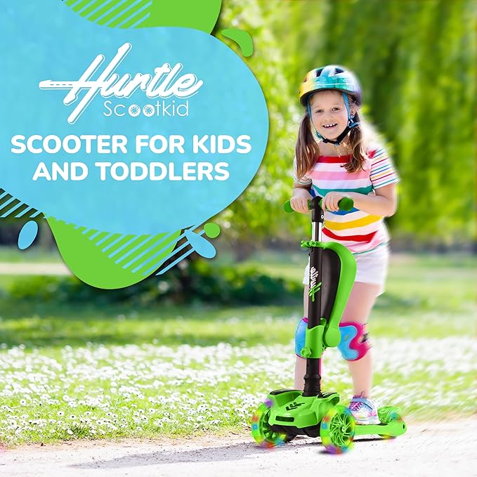 Hurtle 3-Wheeled Scooter for Kids - Wheel LED Lights, Adjustable Lean-to-Steer Handlebar, and Foldable Seat - Sit or Stand Ride with Brake for Boys and Girls Ages 1-14 Years Old