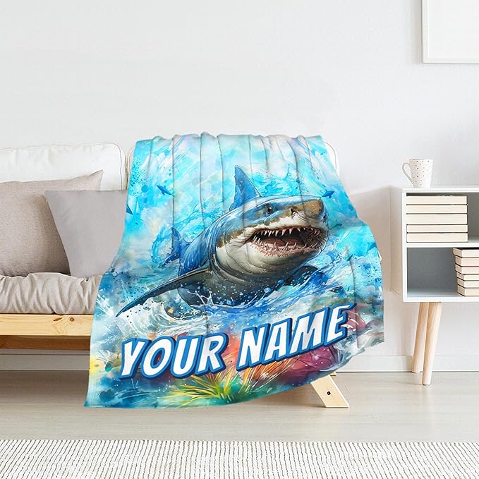 Personalized Shark Blanket for Boys - Teens Custom Shark Blankets Plush Cozy Flannel Throws Gifts for Crib & Room