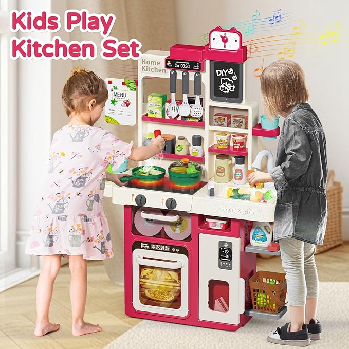 Letapapa Kids Pretend Play Kitchen Set, Kitchen Toys with Realistic Sound & Light, Cooking Stove, Sink, Play Food and Kitchen Accessories, Pretend Kitchen Playset Gifts for Toddlers Girls Boys(Red)