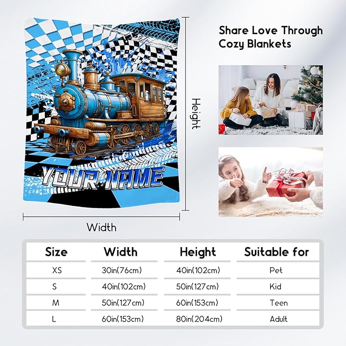 Kids Blanket, Train Blanket for Boys, Personalized Name Gifts for Child, Custom Cozy Flannel Car Throw for Bedroom & Living Room, 60"x80"