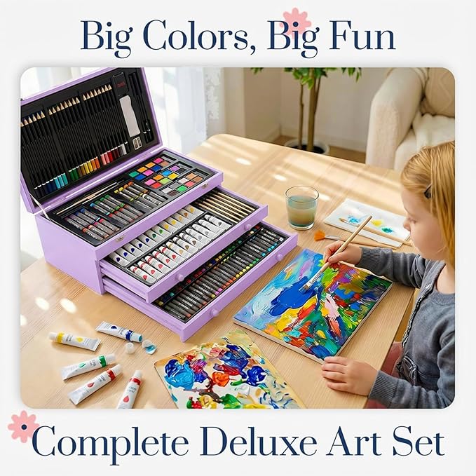 194 Piece Deluxe Art Set, Painting Drawing Art Supplies with 4 Drawing Pads, Acrylic Paints, Crayons, Colored Pencils Set in Wooden Case, Art Kit Gift Box for Kids, Teens, Adults, Artists, Beginners