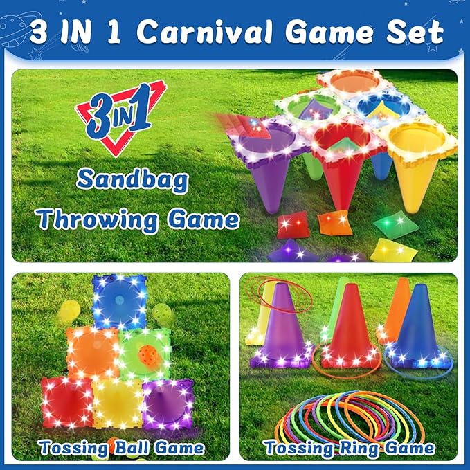 31PCS 3-in-1 Carnival Games Combo Set, LED Bean Bag Game Party Supplies, Ring Toss Yard Lawn Backyard Games, Outdoor Educational Toys for Kids Adults Birthday Parties, School Activities