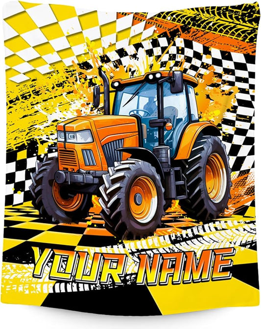 Custom Boys Blanket, Tractor Blankets for Kids Age 6-8, Personalized Car Gifts with Name, Cozy Fleece Throw for Couch & Sofa, 30"x40"