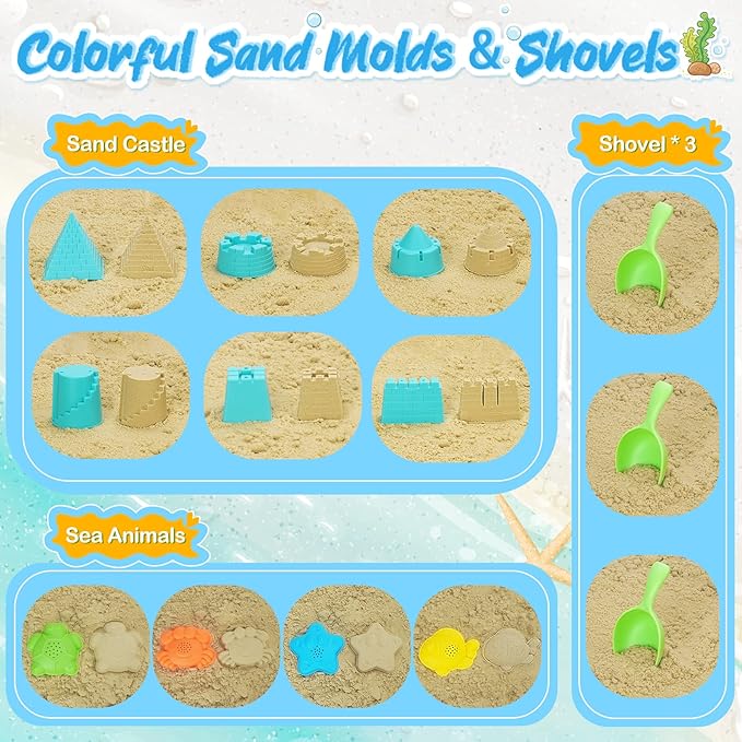 Collapsible Foldable Beach Buckets and Shovels Set - Kids Beach Toys with Mesh Bag & Sand Molds, Silicone Pails for Travel