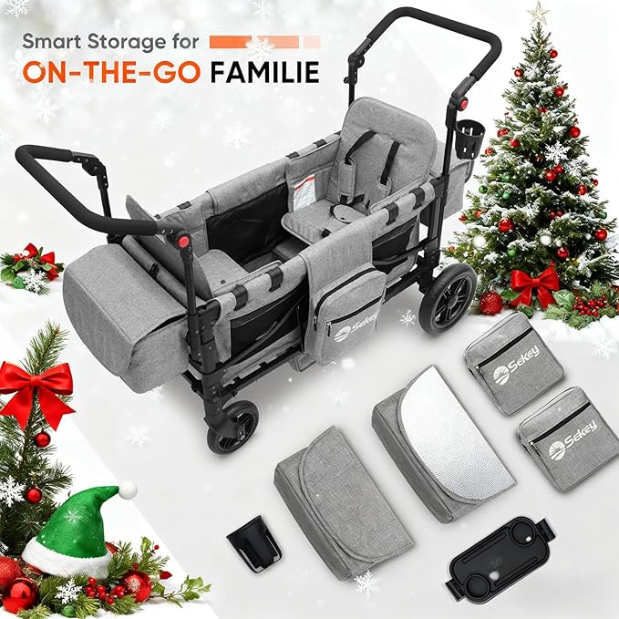 Sekey Wagon Stroller for 2 Kids, Luxury 4-in-1 Stroller Wagon - Premium Quality with Convertible Seats, Adjustable Push Handles, Removable Canopy, Snack Tray & Cooler, US Certified. Gray