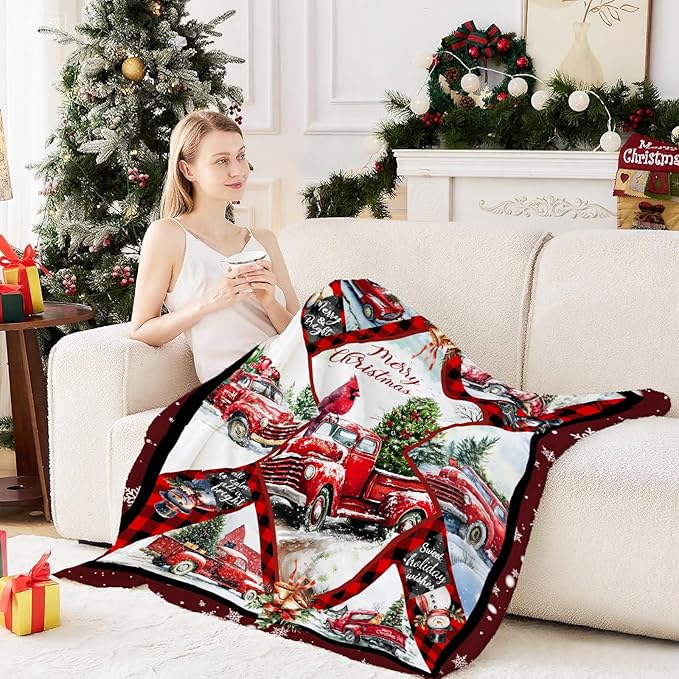 Christmas Truck Blanket for Kids, Truck Decor Fleece Blanket Gifts for Boys Girls, Warm Cozy Soft Flannel Christmas Stuff for Bed Sofa Couch 50" x 40"