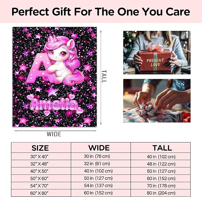 Custom Girl Blanket with Name Personalized Unicorn Blanket Gift for Newborn, Toddler, Teens to Adult for Birthday, Baby Shower, Christmas (Girl-01)