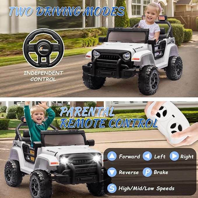 Ride on Truck Car, 12V Kids' Electric Vehicles W/Parents Control, Ride on Toys for Toddlers with Music, Bluetooth, Four-Wheels Suspension, USB, Headlights, White