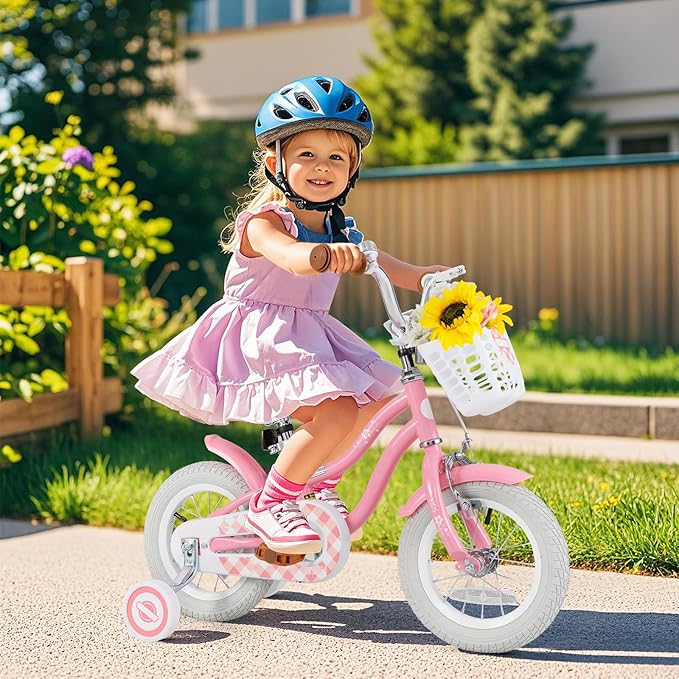 BABY JOY Kids Bike, 12 14 16 18 20 Inch Boys Girls Bike w/Adjustable Seat, Removable Basket, Handbrake & Coaster Brake, Training Wheels or Kickstand, Kids Bicycle with Multi-Color