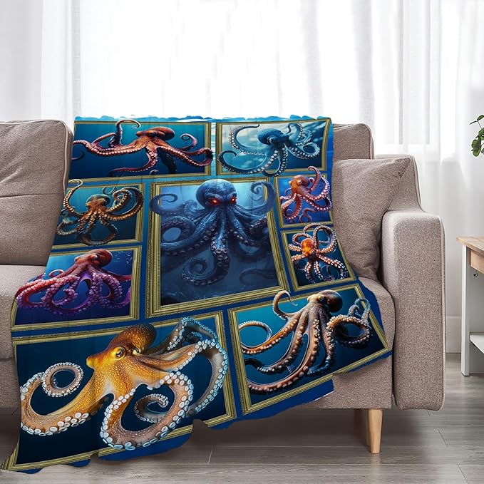 Octopus Throw Blanket - Ultra Soft Cozy Fleece Fuzzy Plush Octopus Lovers Decor Gift for Women, Girls & Adults - 60"x50"