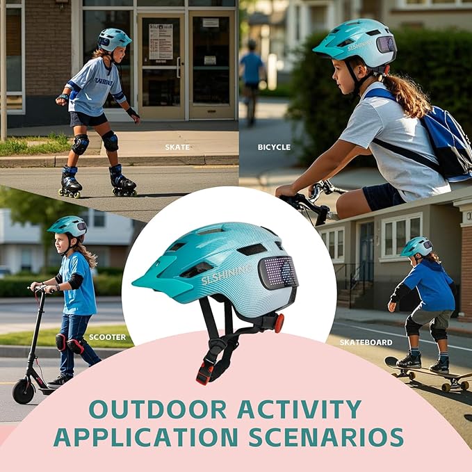 Kids Bike Helmet for Boys Girls: Helmets for Children and Adolescents 5-14 Years Old，64-Pattern LED Light Adjustable Kid Helmet Multi-Sport Protection