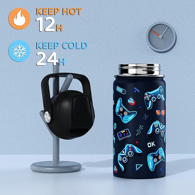 14oz Kids Insulated Water Bottle with Straw Lid - 18/8 Stainless Steel Kid Cup Travel Tumbler Double Wall Vacuum Leak Proof Portable Toddler Water Bottle (Lightning+Game）