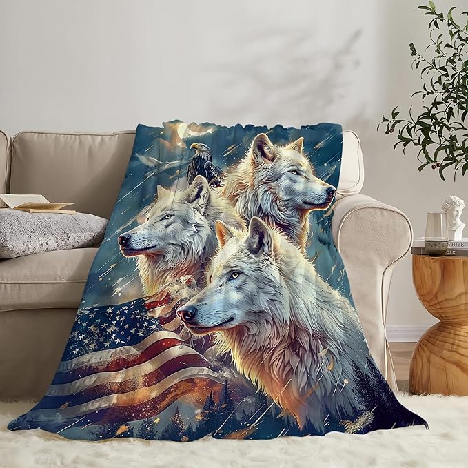 American Wolf and Eagle Throw Blanket With Flag Design - Soft Warm Fleece for Couch, Sofa, Bed - Gift for Women, Men, Girls, Boys - 60"x50"