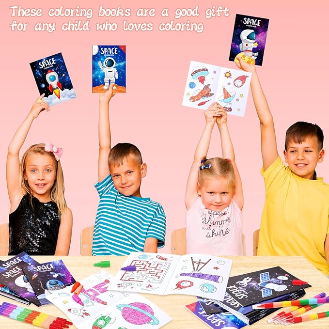 BenLouis 12 Outer Space Mini Coloring Books Kids with 12 Stacking Crayons Astronaut Party Favors Small Activity Books Bulk for Kids Solar System Galaxy Planet Alien Party Gift Goodie Bag Stuffers