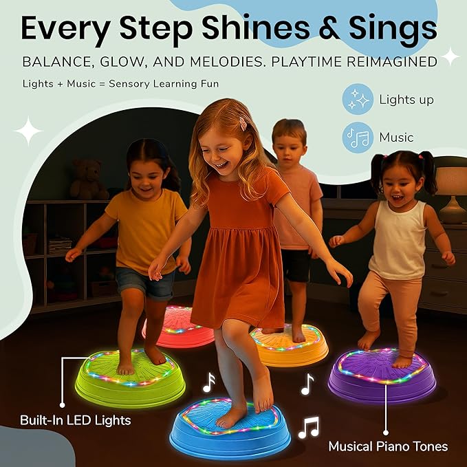 DREAMSCAPE KIDS Glow-in-The-Dark Musical Balance Stepping Stones, 5 pcs, Non-Slip Sensory Toy with Lights & Music, Indoor/Outdoor Montessori Obstacle Course for Toddlers & Kids 3+