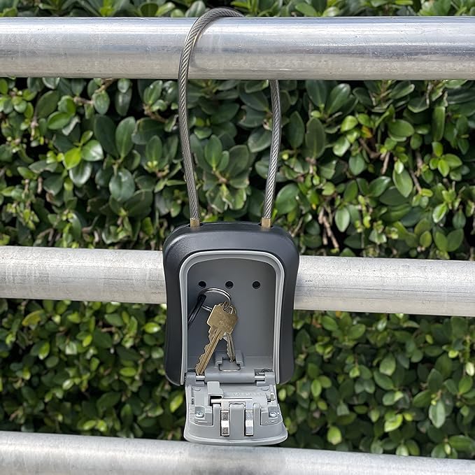 Iron Lock® Portable Key Lock Box and Wall Mounted with Removable Cable Shackle Outdoor Waterproof 4 Digit Combination with Resettable Code with A B Switch Key Lockbox for Outside (Medium, Grey)