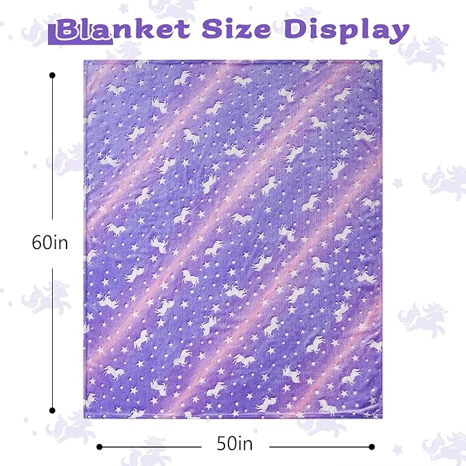 QSTEHEML Unicorns Glow in The Dark Blanket for Girls,Unicorn Gifts for Girls Age 3 4 5 6 7 8 9 10 11 12 Year Old, Soft Unicorns Purple Blanket - Christmas Birthday Bedroom Decor 50"×60"