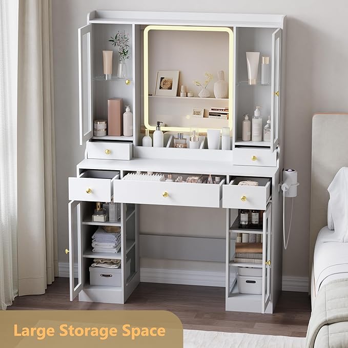 Vanity Desk with Mirror and Lights, Pink Makeup Vanity Table with 3 Modes & Adjustable Brightness, Glass Cabinets, Drawers, Outlet, Modern Dressing Table for Bedroom, Girls, Women, Teens