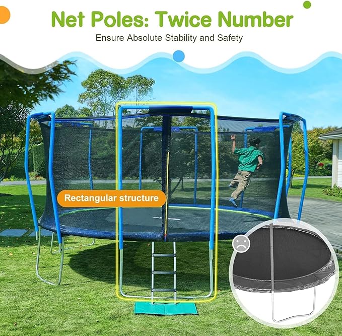 Zupapa No-Gap Design 16 15 14 12 10FT Trampoline with Safety Enclosure Net and Non-Slip Ladder 10-Year Quality Assurance Perfect for Kids Family Outdoor Backyard Fun