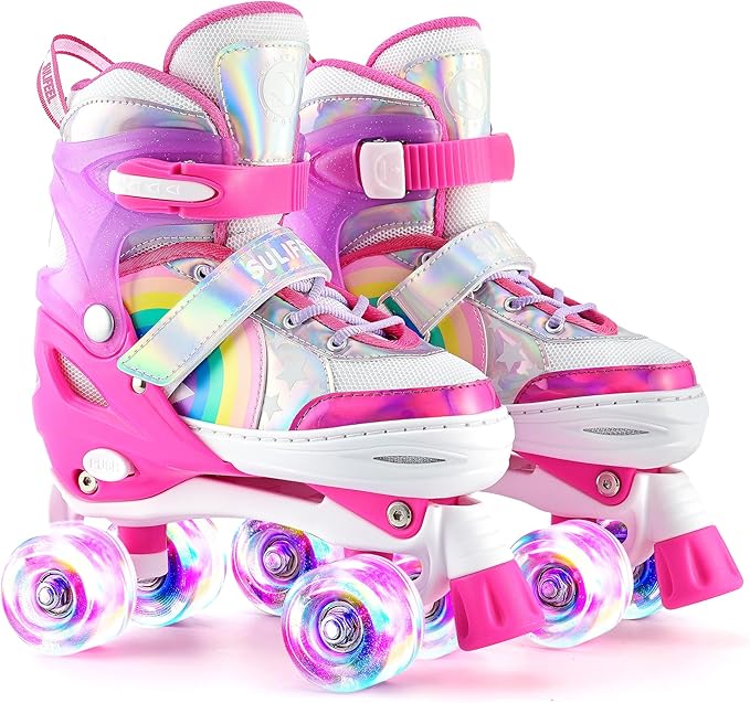 SULIFEEL Rainbow Unicorn 4 Size Adjustable Light up Roller Skates for Girls Boys for Kids