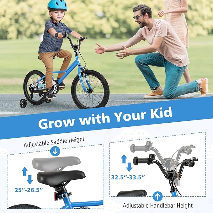 BABY JOY Kids Bike, 12 14 16 18 Inches Car Pattern Sporty Bicycle w/Removable Training Wheels, Hand & Coaster Brakes, Adjustable Seat & Handlebar, Girls Boys Bike