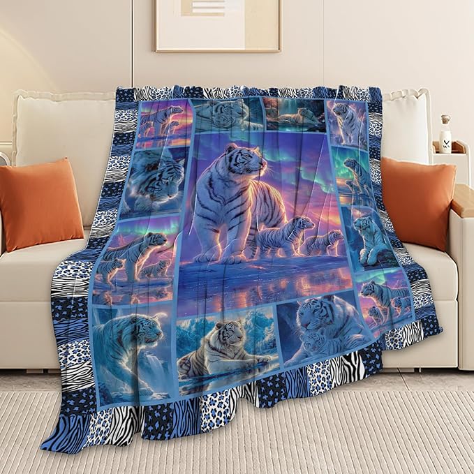White Tiger Throw Blanket White Tiger Stuff Gifts for Kids Girls Boys Adults Women Men Soft Cozy Warm Plush Fluffy Fuzzy Fleece Blanket Decor 60''X80''