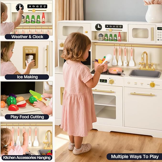 Wooden Play Kitchen for Toddler, Toy Kitchen Set for Kids Pretend Play with 41 Pcs Toy Food & Cookware Accessories, Kitchen Playset Gift for Boys and Girls Ages 3+