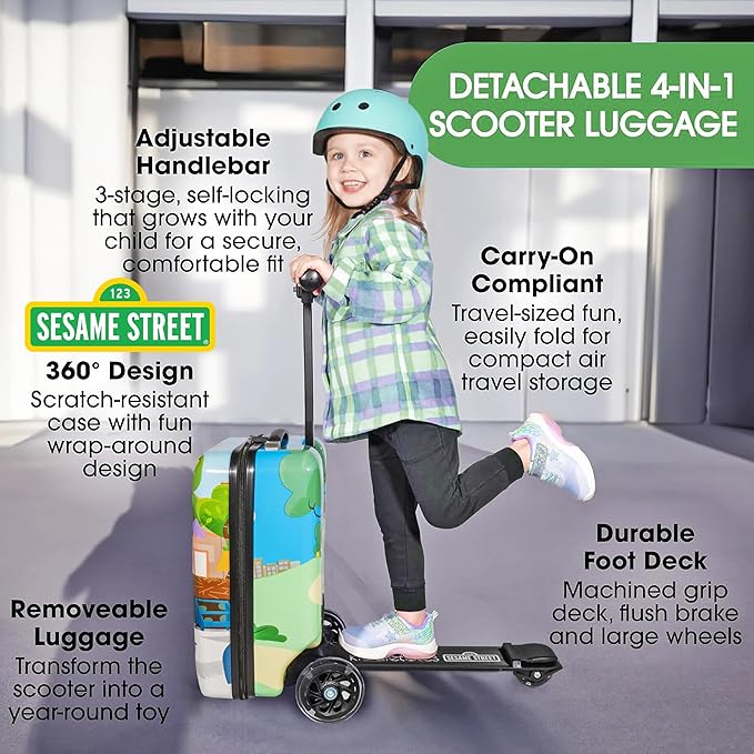KIDDIETOTES Sesame Street 4-in-1 Detachable Scooter Luggage for Kids – Ride-On Suitcase with Removable Luggage Body, Adjustable Handlebar, Durable Deck & Brake – Carry-On Travel Bag