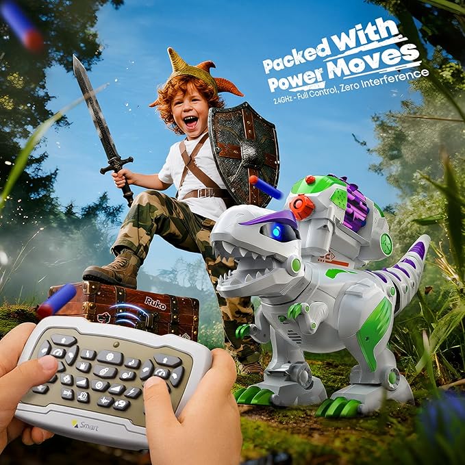 Ruko 8809 Dinosaur Toys for Kids, Large Rechargeable Remote Control T-Rex Toys, with Programmable, Walking, Roaring, LED Eyes and Shooting, Interactive Gifts for Boys & Girls Age 3 4 5 6 7 8, Green