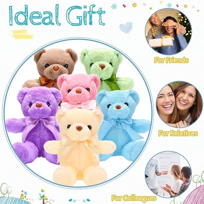 Skylety 10 Pieces Bears Bulk Stuffed Animals Soft Plush Toy Gift Bears with Ribbon Bow for Boys Girls Birthday Wedding Baby Shower Party Favor(Bright Colors)
