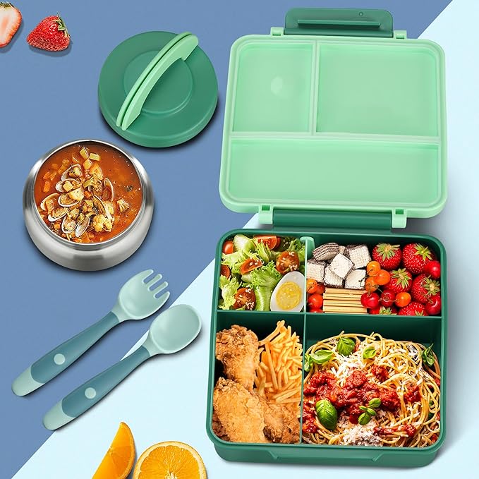 Itslife Bento Lunch Box for Kids with 8oz Soup Thermo&Lunch Bag, Leak-Proof Lunch Food Containers with 4 Compartment, Hot Food Insulated Food Jar for Kids School (Green)