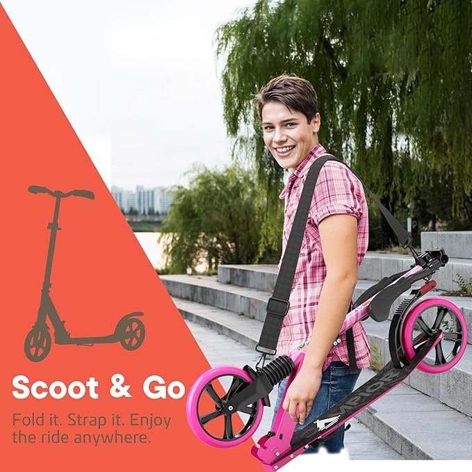 Kick Scooter for Ages 6+, for Kids, Teens, and Adults, Max Load 240 LBS, Foldable, 8-inch Big Wheels for Kids and Adults, with Kickstand, 3 Adjustable Levels, Child Safety Approved, Pink