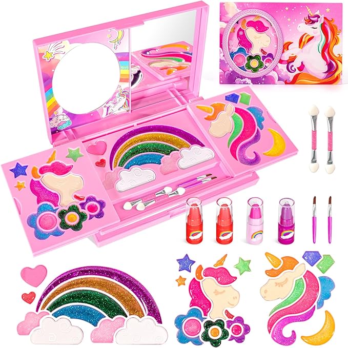 ULOVEME Kids Real Makeup Kit for Little Girls - Real, Non Toxic, Washable Make Up Toy - Umicorn Toys Gift for 3 4 5 6 7 8 9 10 12 Years Old Girls Birthday (Umicorn Makeup Palette)