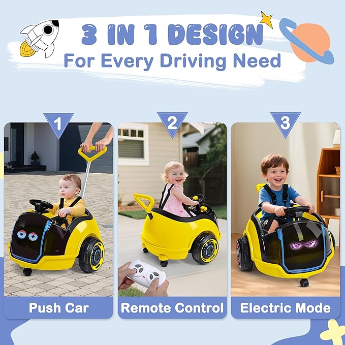 ANPABO 3-in-1 Electric Push Ride On Car, 12V Kids Ride On Toy w/Remote Control, 360° Spin, LED Display, Colorful LED Light, 5-Point Safety Belt, Music Player, Push Car for Toddler Ages 1-3 (Yellow)