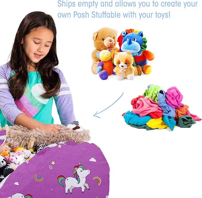 Posh Creations Kids Stuffed Animal Storage Bean Bag Chair Cover - Childrens Toy Organizer, Medium-27in, Canvas Unicorn and Rainbows on Purple