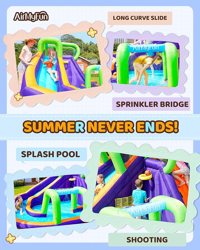 AirMyFun Water Slide InflatableBounce House for Kids with Blower. Family Backyard Bouncy Castle with Fun Doorway Tunnel, Climbing Wall,Long Safe Return Curved Slide and Ball Shooting