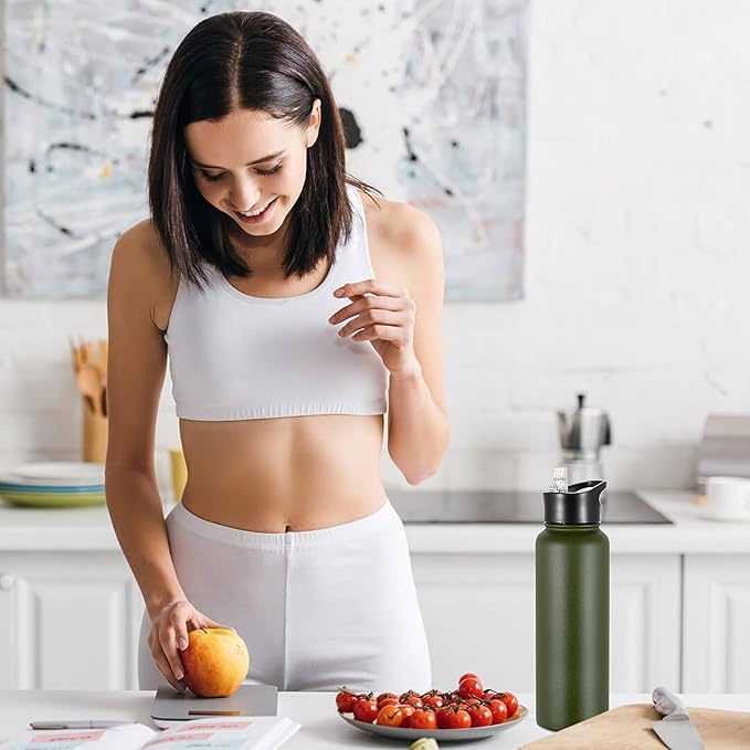 VEGOND 40 oz Insulated Water Bottle Bulk Stainless Steel Metal Water Bottles with Leak Proof Straw Lid & Spout Lid, Wide Mouth Double Walled Vacuum Travel Sports Bottle, 4 Pack