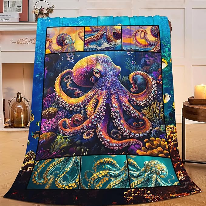 Octopus Throw Blanket Ultra Soft Flannel Blanket Gifts for Women Girls Men Boys Lightweight Cozy Blankets Gift for Women and Men Couch Sofa Bed 80" x 60"