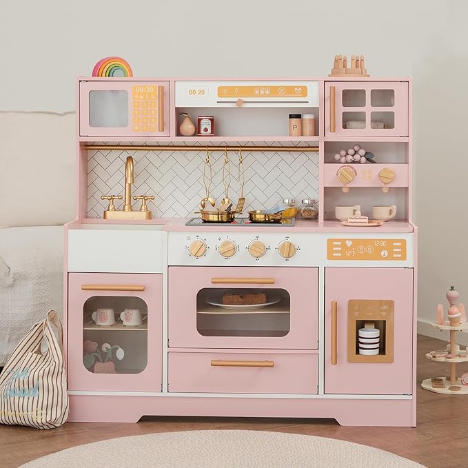 Pink Wooden Play Kitchen for Kids– Realistic Appliances, Storage & 15 Fun Accessories for Inspiring Pretend Play (Ages 3+)